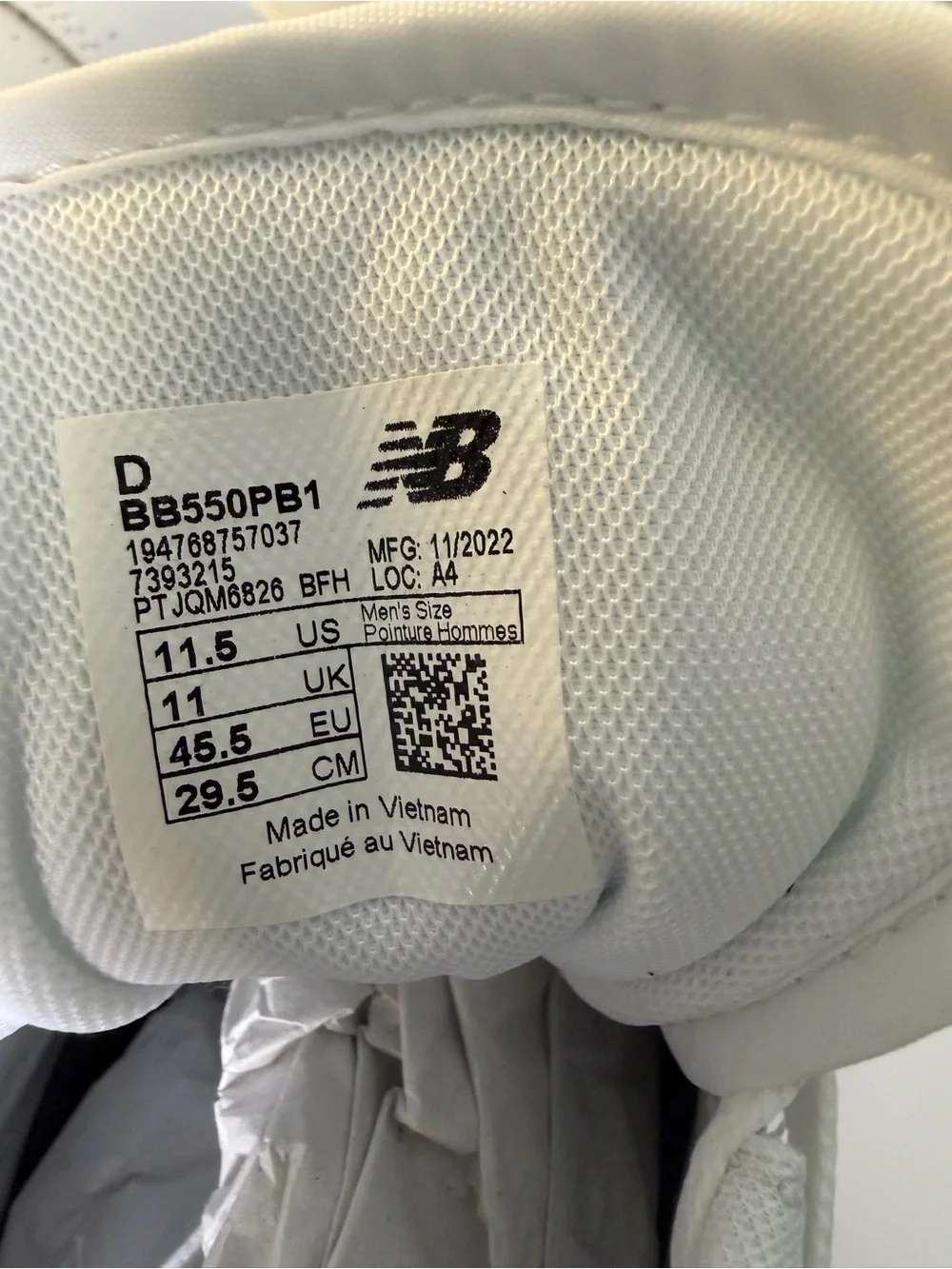 NIB New Balance 550 Men’s Size 11.5 White BB550PB1 Basketball Sneaker Shoes NWT